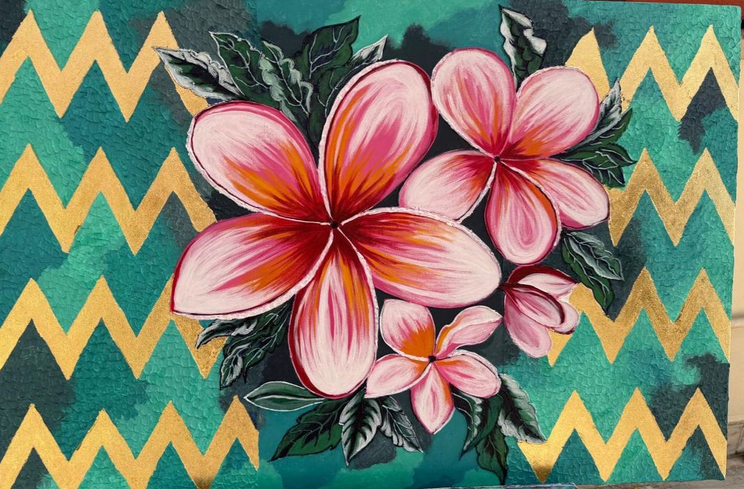 Handmade Plumeria Canvas painting: Pink Floral, Teal & Gold, 36*24 inch