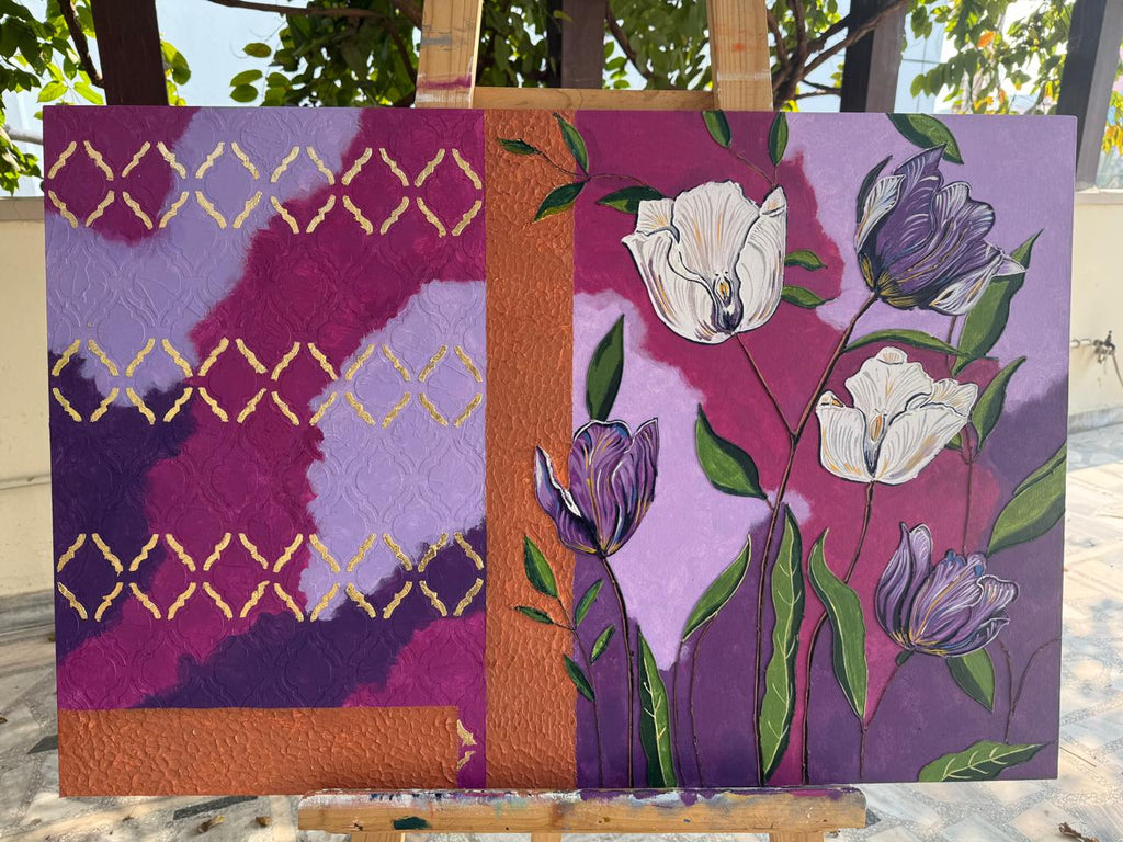 Magenta Floral Painting, geometric gold accent, Handmade artwork, 36*24 inch, panel canvas