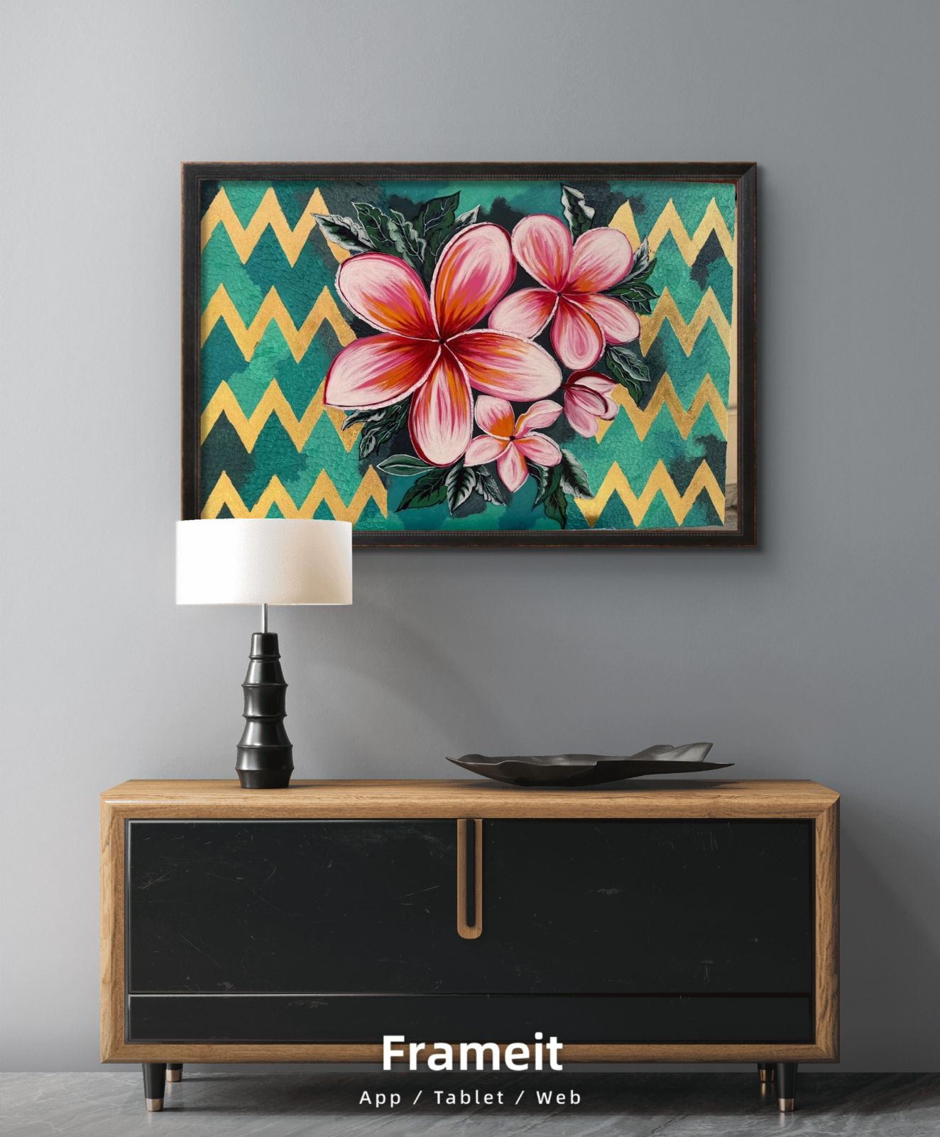 Handmade Plumeria Canvas painting: Pink Floral, Teal & Gold, 36*24 inch