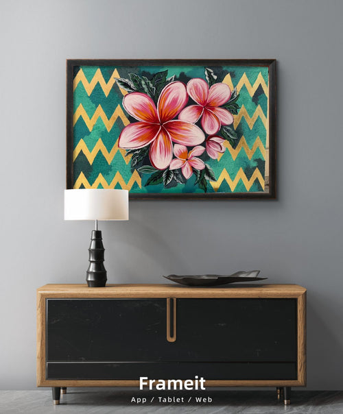 Handmade Plumeria Canvas painting: Pink Floral, Teal & Gold, 36*24 inch