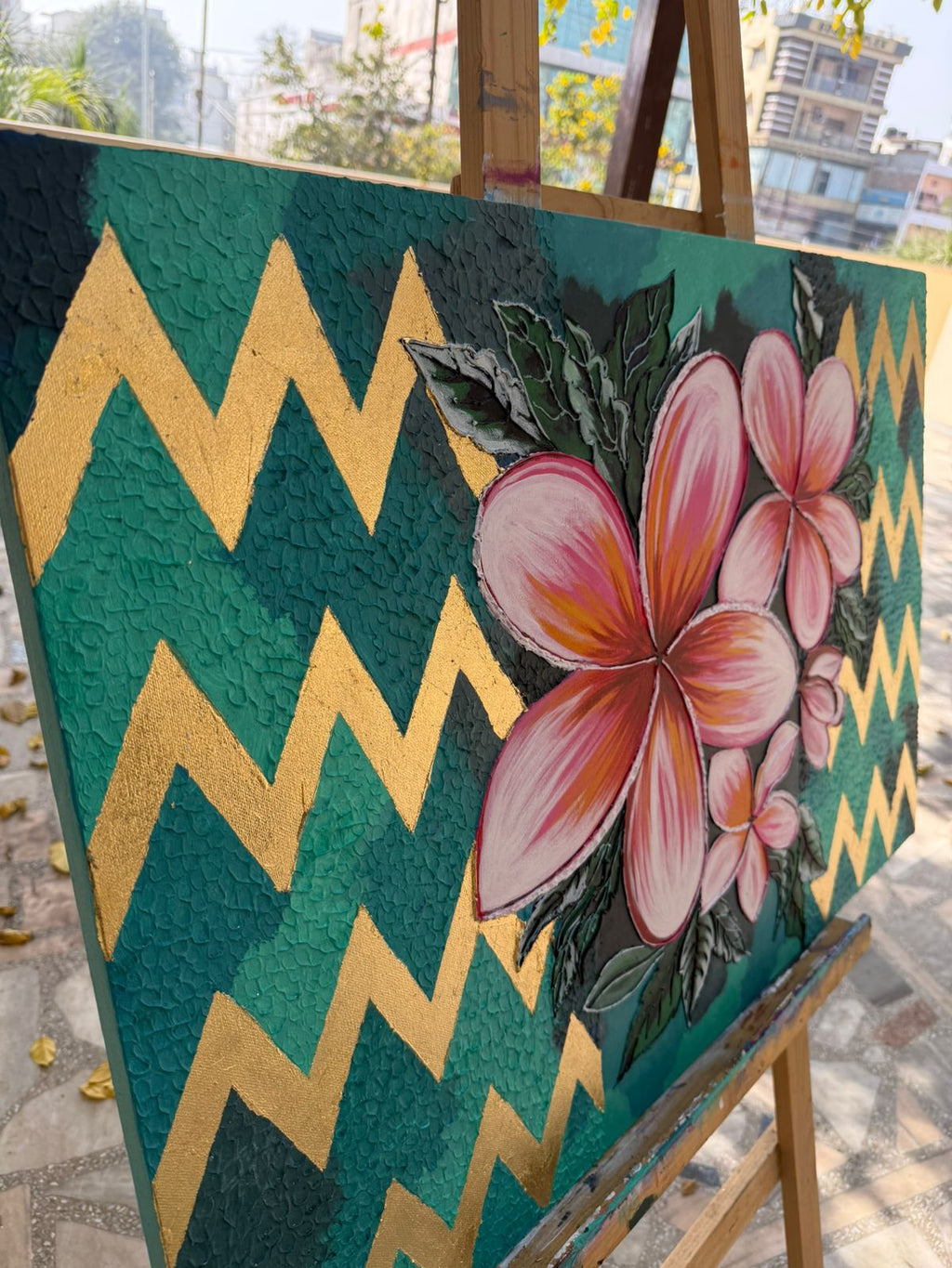 Handmade Plumeria Canvas painting: Pink Floral, Teal & Gold, 36*24 inch