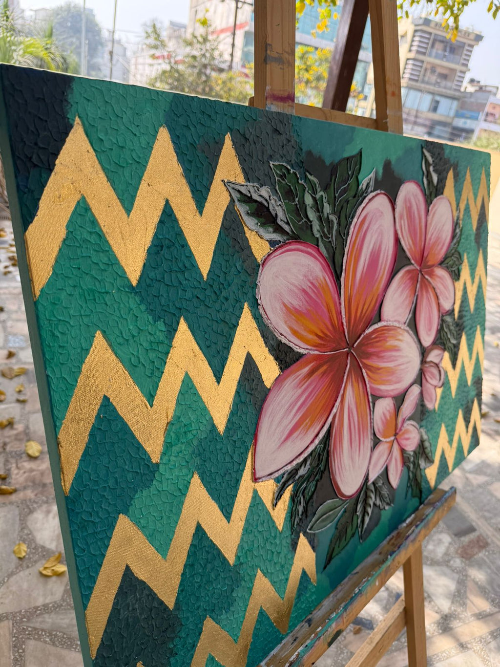 Handmade Plumeria Canvas painting: Pink Floral, Teal & Gold, 36*24 inch