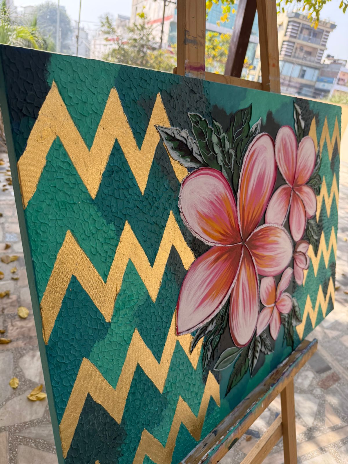 Handmade Plumeria Canvas painting: Pink Floral, Teal & Gold, 36*24 inch