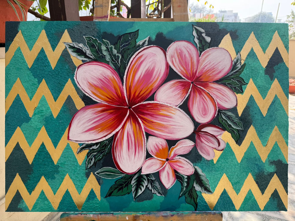Handmade Plumeria Canvas painting: Pink Floral, Teal & Gold, 36*24 inch