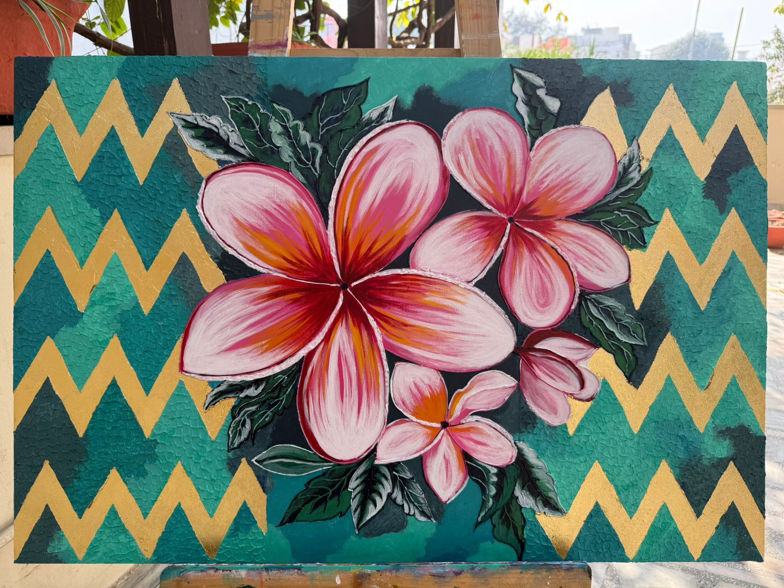 Handmade Plumeria Canvas painting: Pink Floral, Teal & Gold, 36*24 inch