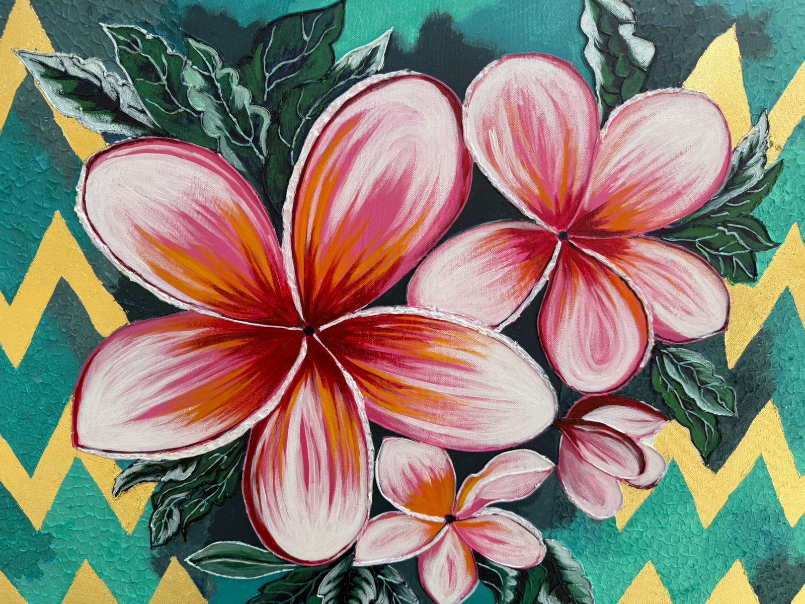 Handmade Plumeria Canvas painting: Pink Floral, Teal & Gold, 36*24 inch
