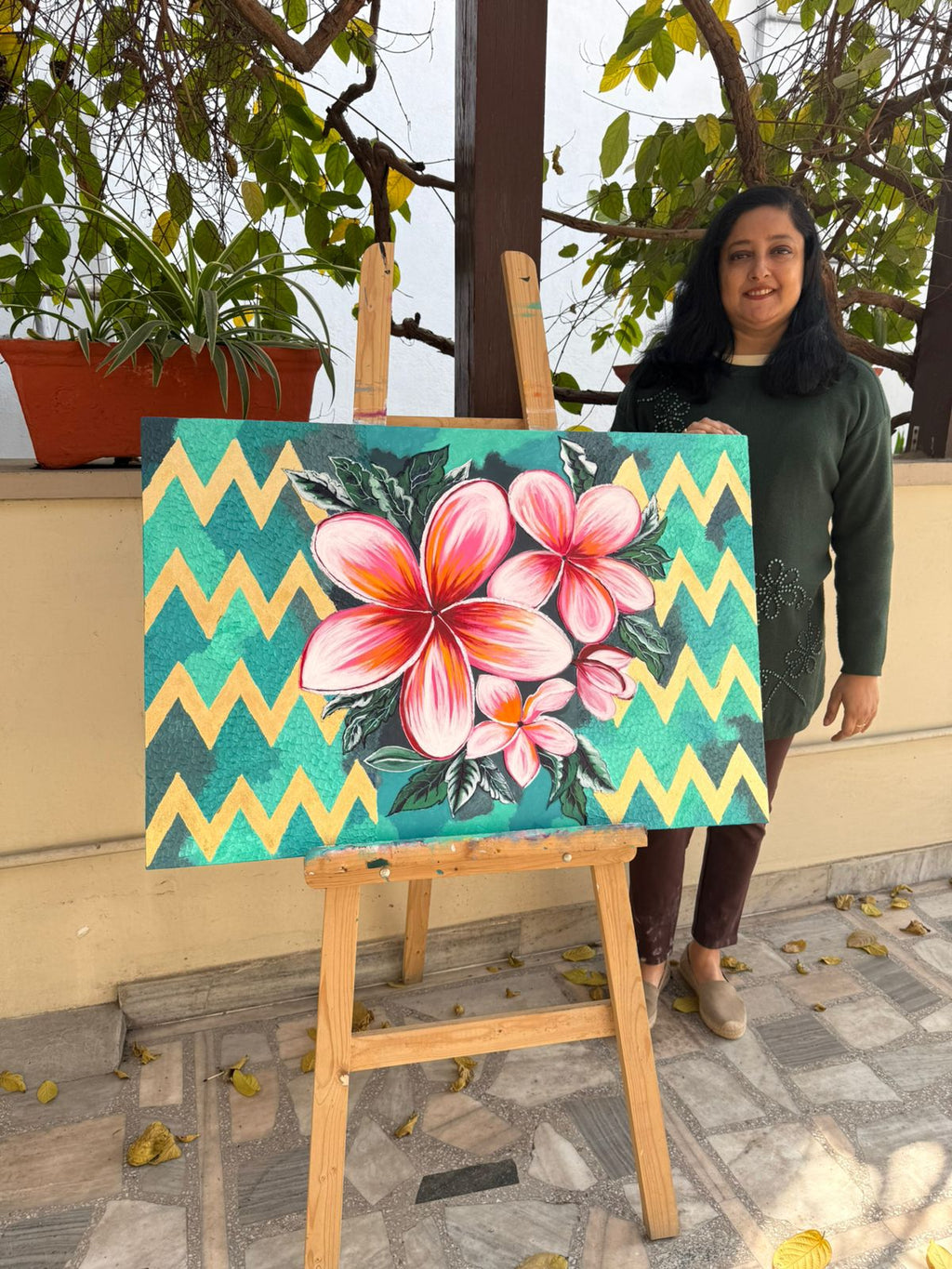 Handmade Plumeria Canvas painting: Pink Floral, Teal & Gold, 36*24 inch