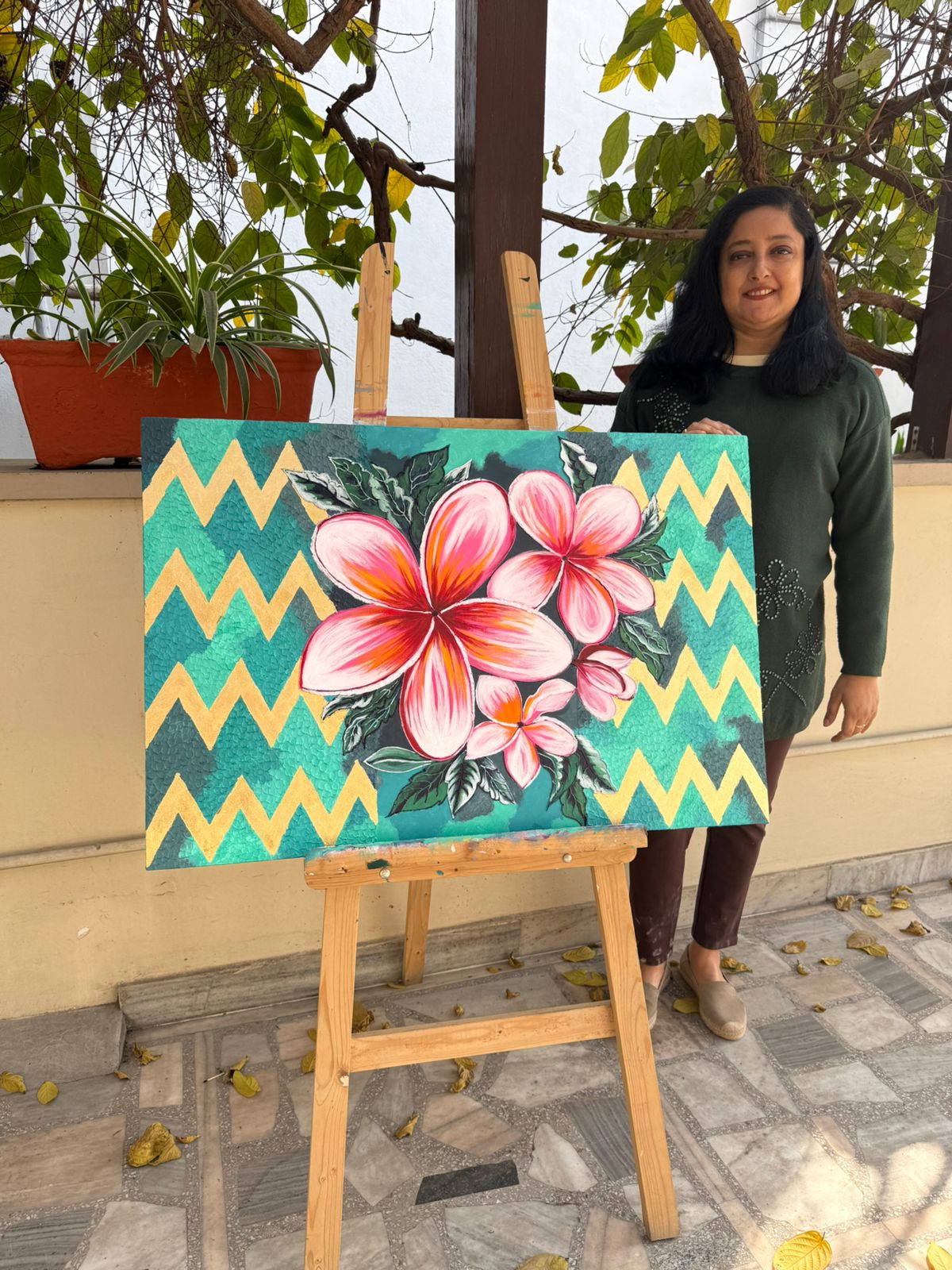 Handmade Plumeria Canvas painting: Pink Floral, Teal & Gold, 36*24 inch