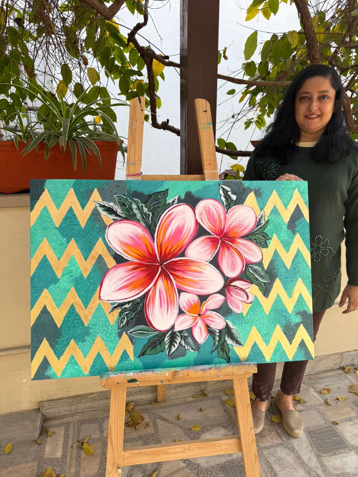 Handmade Plumeria Canvas painting: Pink Floral, Teal & Gold, 36*24 inch