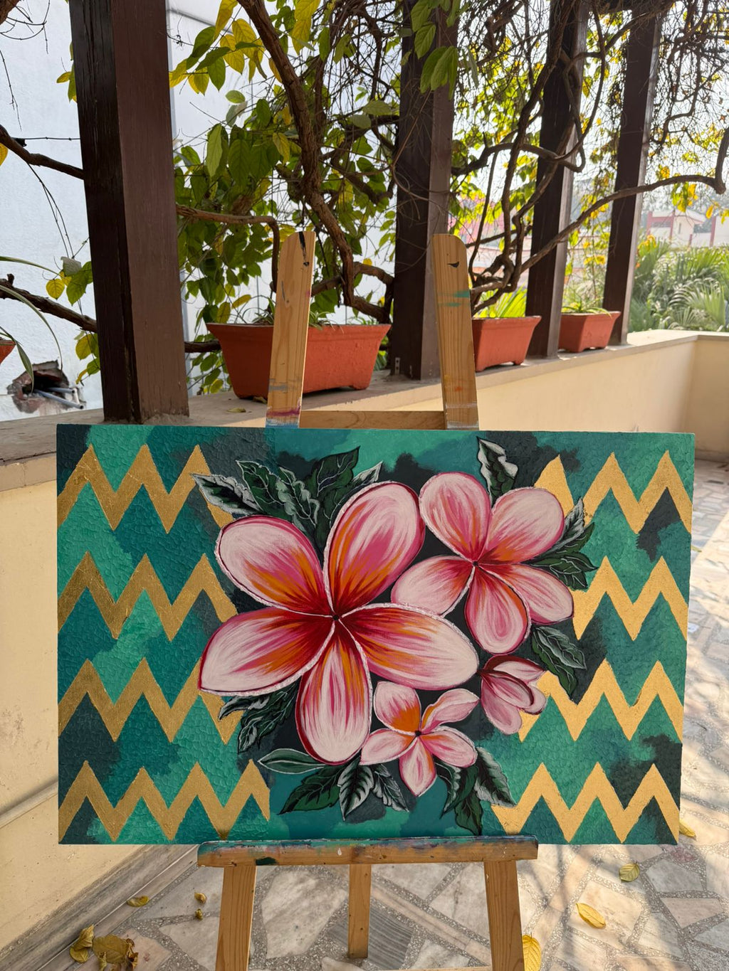 Handmade Plumeria Canvas painting: Pink Floral, Teal & Gold, 36*24 inch