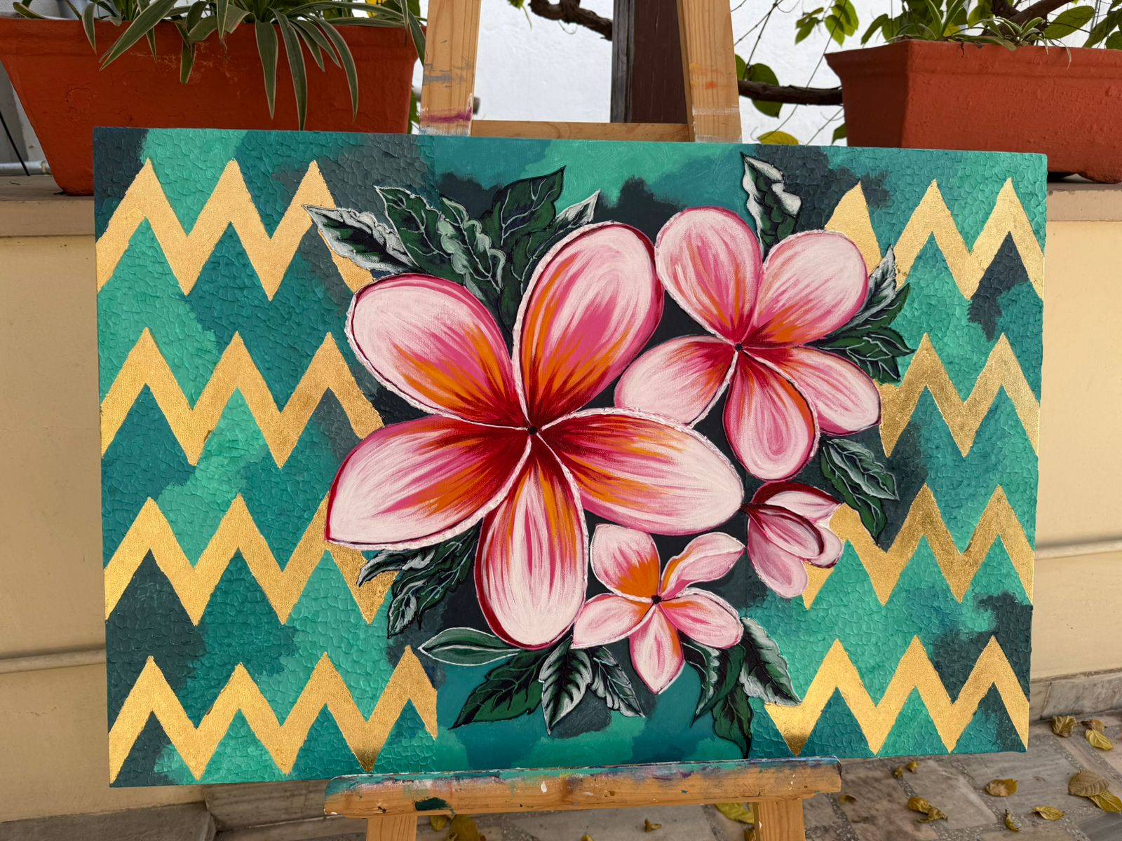 Handmade Plumeria Canvas painting: Pink Floral, Teal & Gold, 36*24 inch