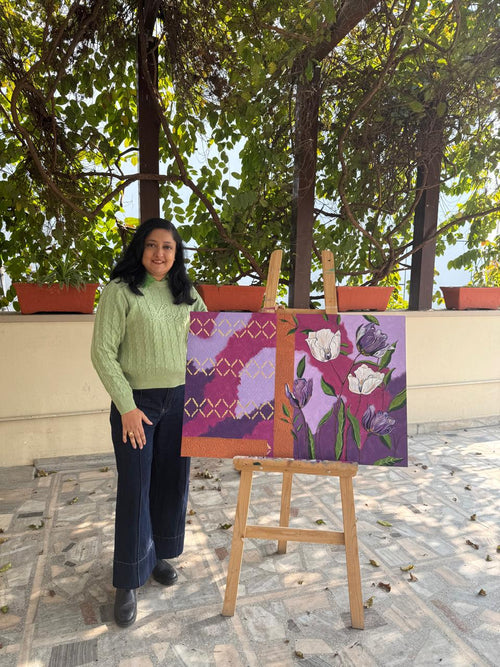 Magenta Floral Painting, geometric gold accent, Handmade artwork, 36*24 inch, panel canvas