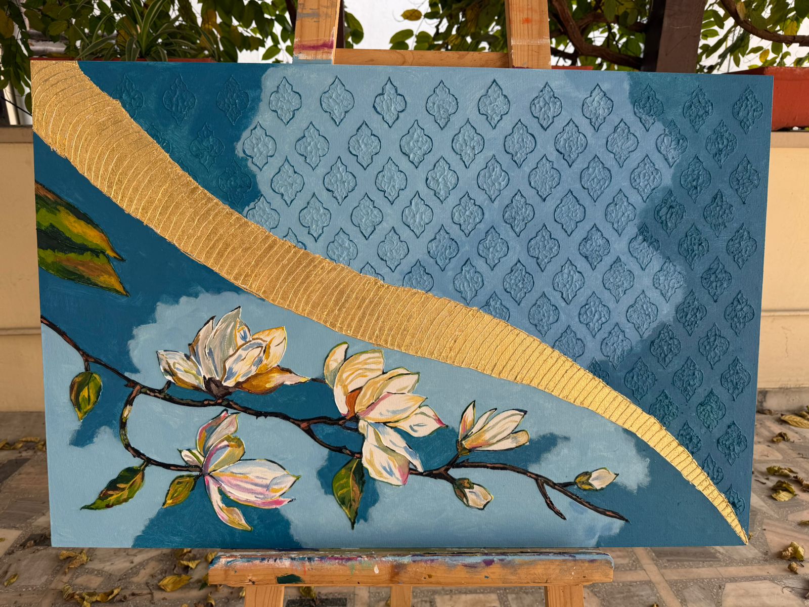 Blue blossom floral painting-gold geometric design,36*24,Panel Canvas