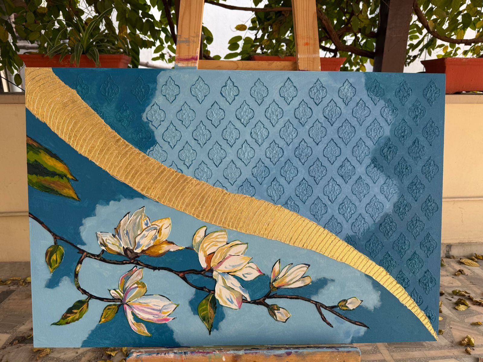 Blue blossom floral painting-gold geometric design,36*24,Panel Canvas