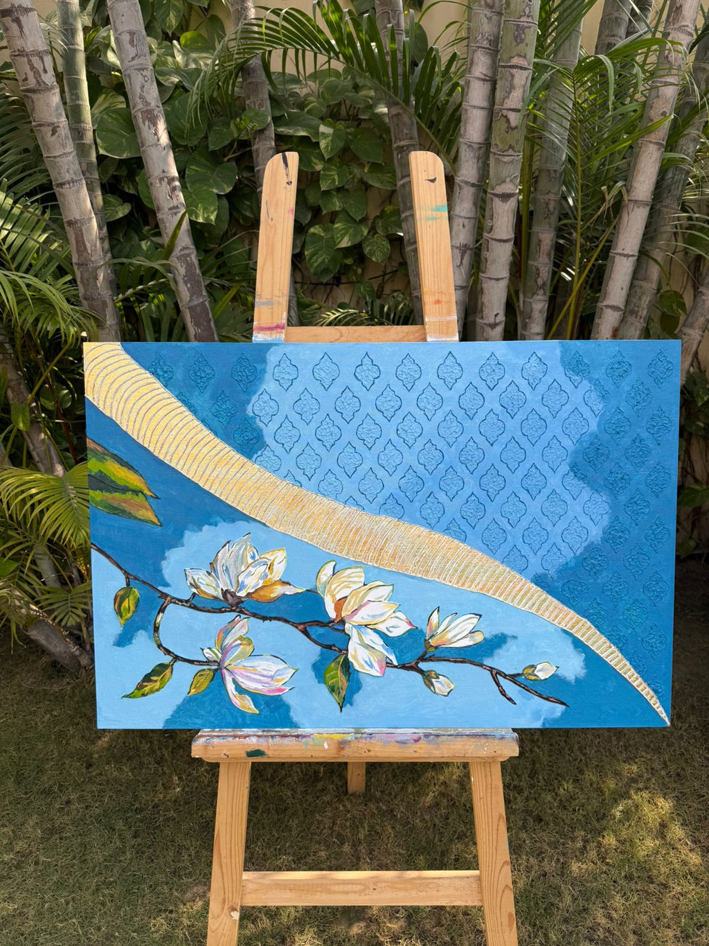 Blue blossom floral painting-gold geometric design,36*24,Panel Canvas