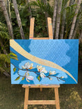 Blue blossom floral painting-gold geometric design,36*24,Panel Canvas