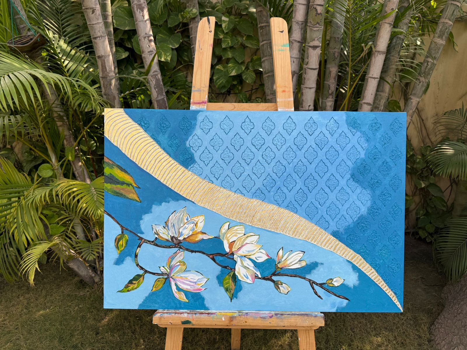 Blue blossom floral painting-gold geometric design,36*24,Panel Canvas