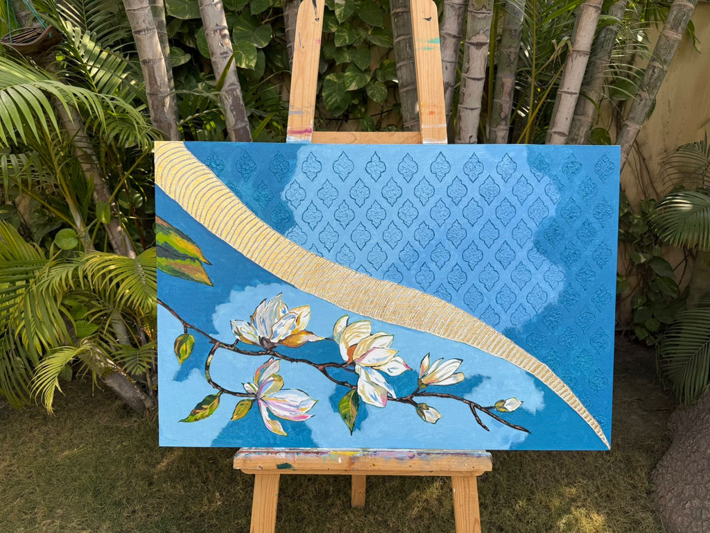 Blue blossom floral painting-gold geometric design,36*24,Panel Canvas
