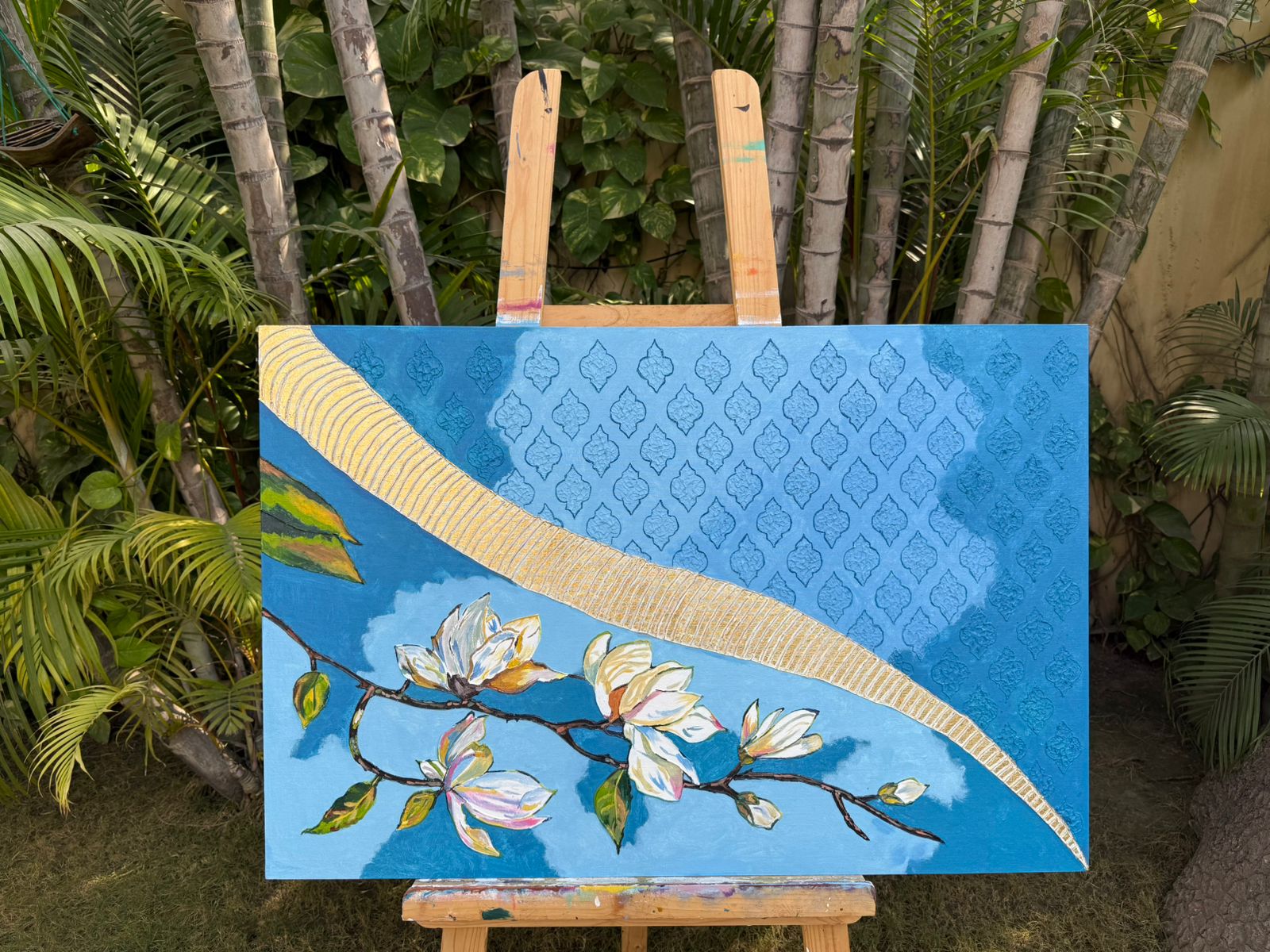 Blue blossom floral painting-gold geometric design,36*24,Panel Canvas