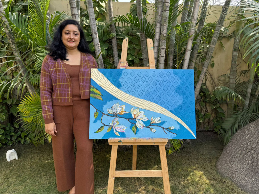 Blue blossom floral painting-gold geometric design,36*24,Panel Canvas