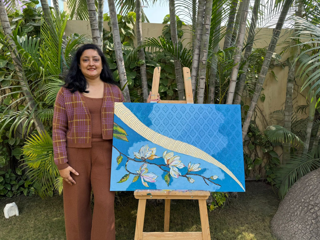 Blue blossom floral painting-gold geometric design,36*24,Panel Canvas