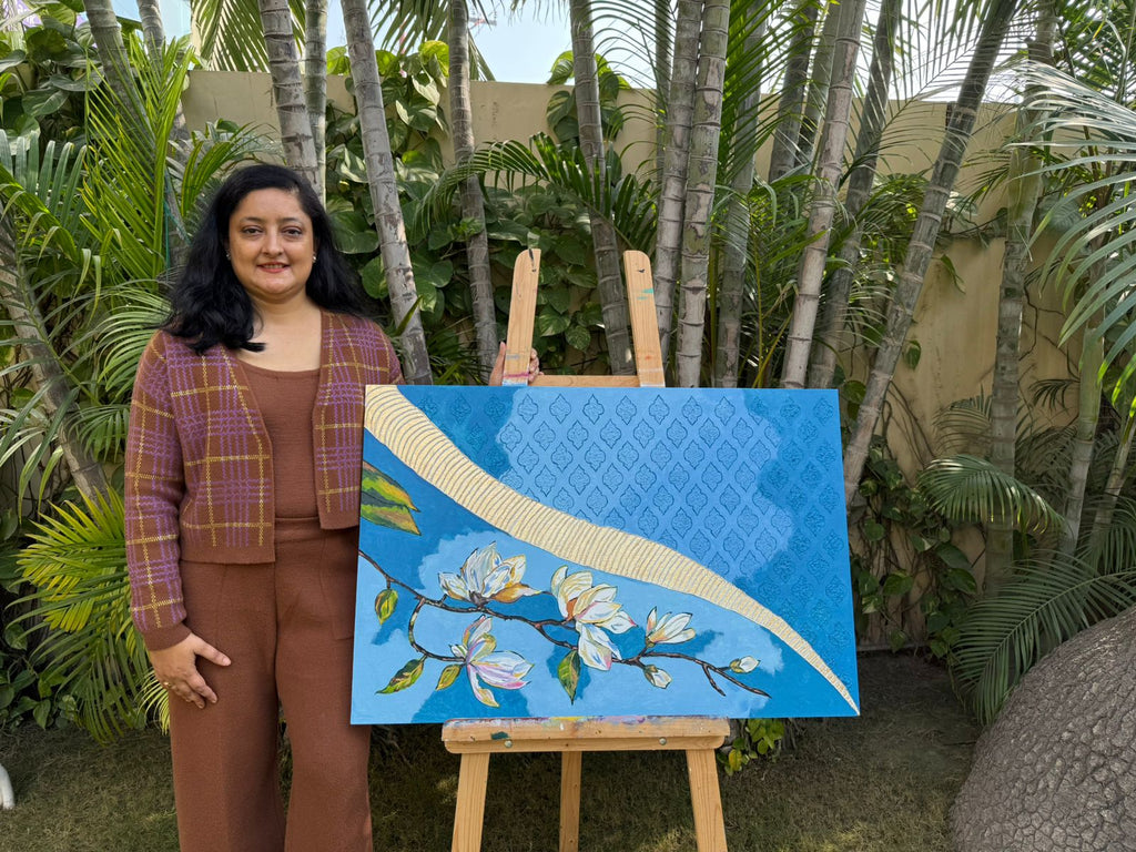 Blue blossom floral painting-gold geometric design,36*24,Panel Canvas