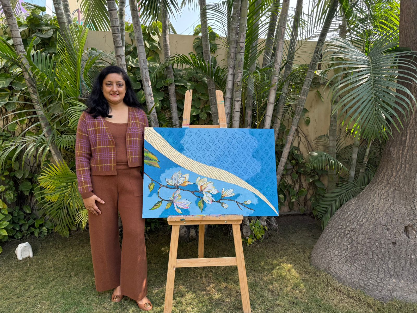 Blue blossom floral painting-gold geometric design,36*24,Panel Canvas