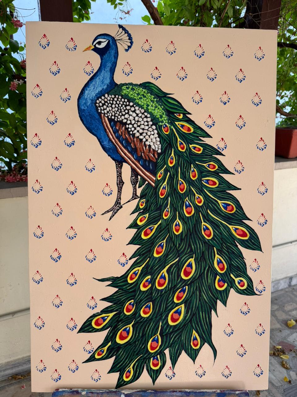 The Majestic Peacock, 100% Hand- Painted Indian Folk Art