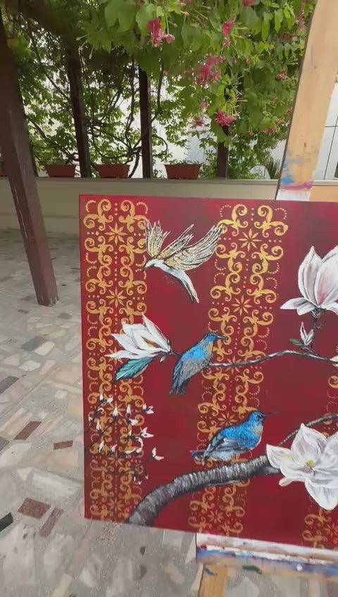 Royal Magnolia Bird Painting, 36*24 stretched canvas, 100% handmade unique painting