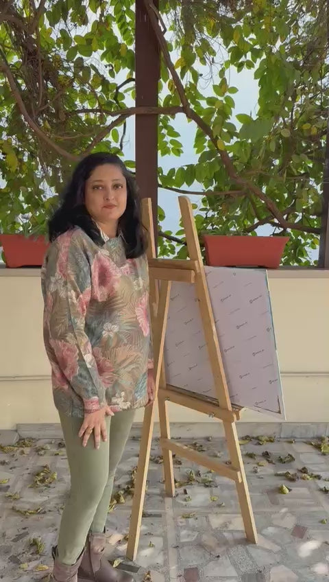 Blue blossom floral painting-gold geometric design,36*24,Panel Canvas