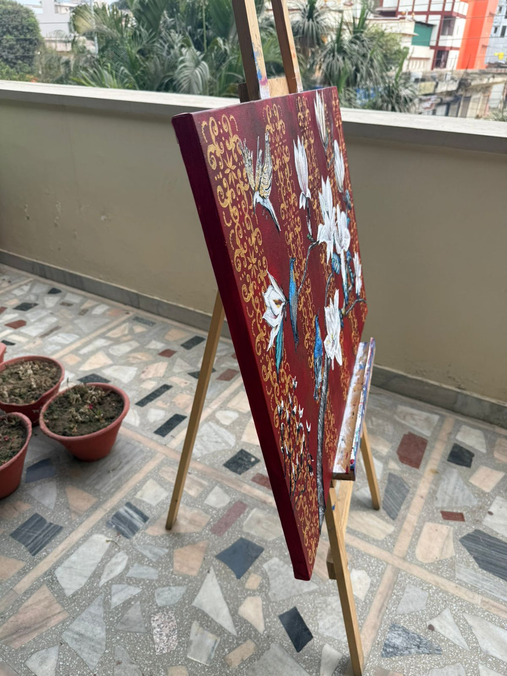 Royal Magnolia Bird Painting, 36*24 stretched canvas, 100% handmade unique painting