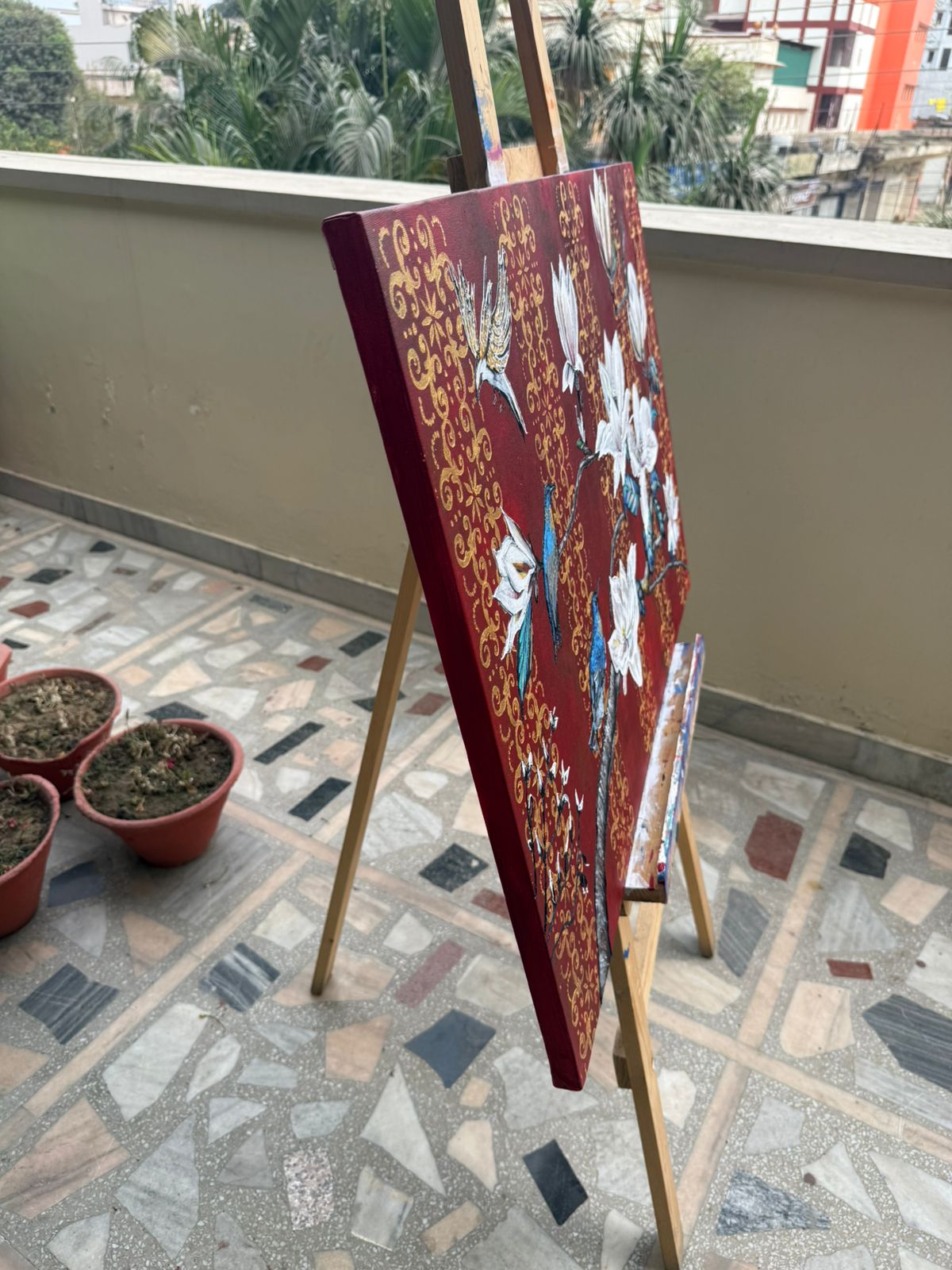 Royal Magnolia Bird Painting, 36*24 stretched canvas, 100% handmade unique painting