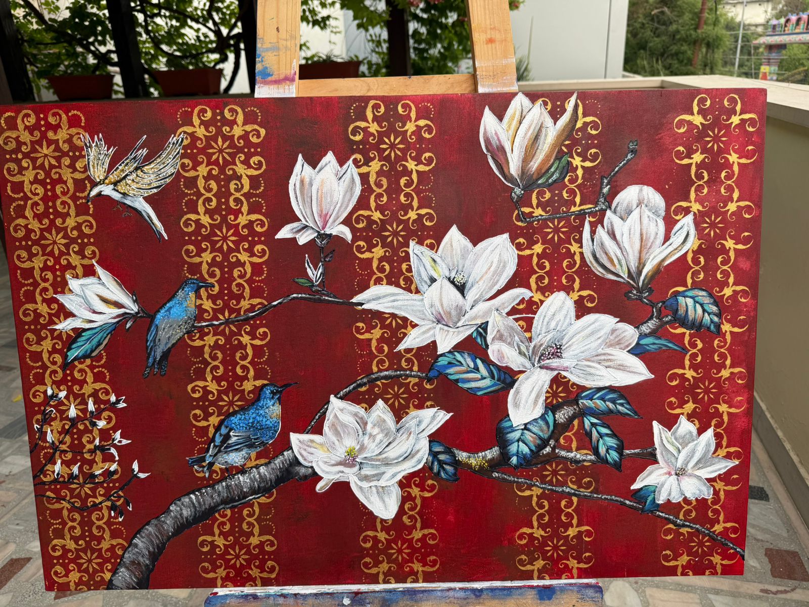Royal Magnolia Bird Painting, 36*24 stretched canvas, 100% handmade unique painting