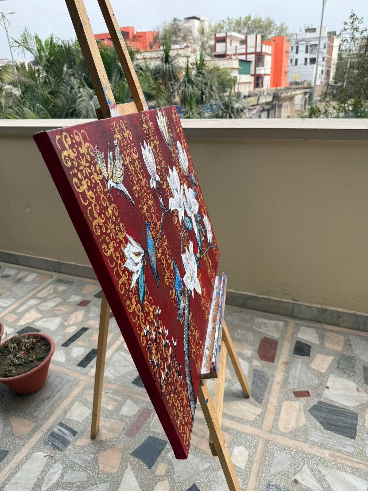 Royal Magnolia Bird Painting, 36*24 stretched canvas, 100% handmade unique painting