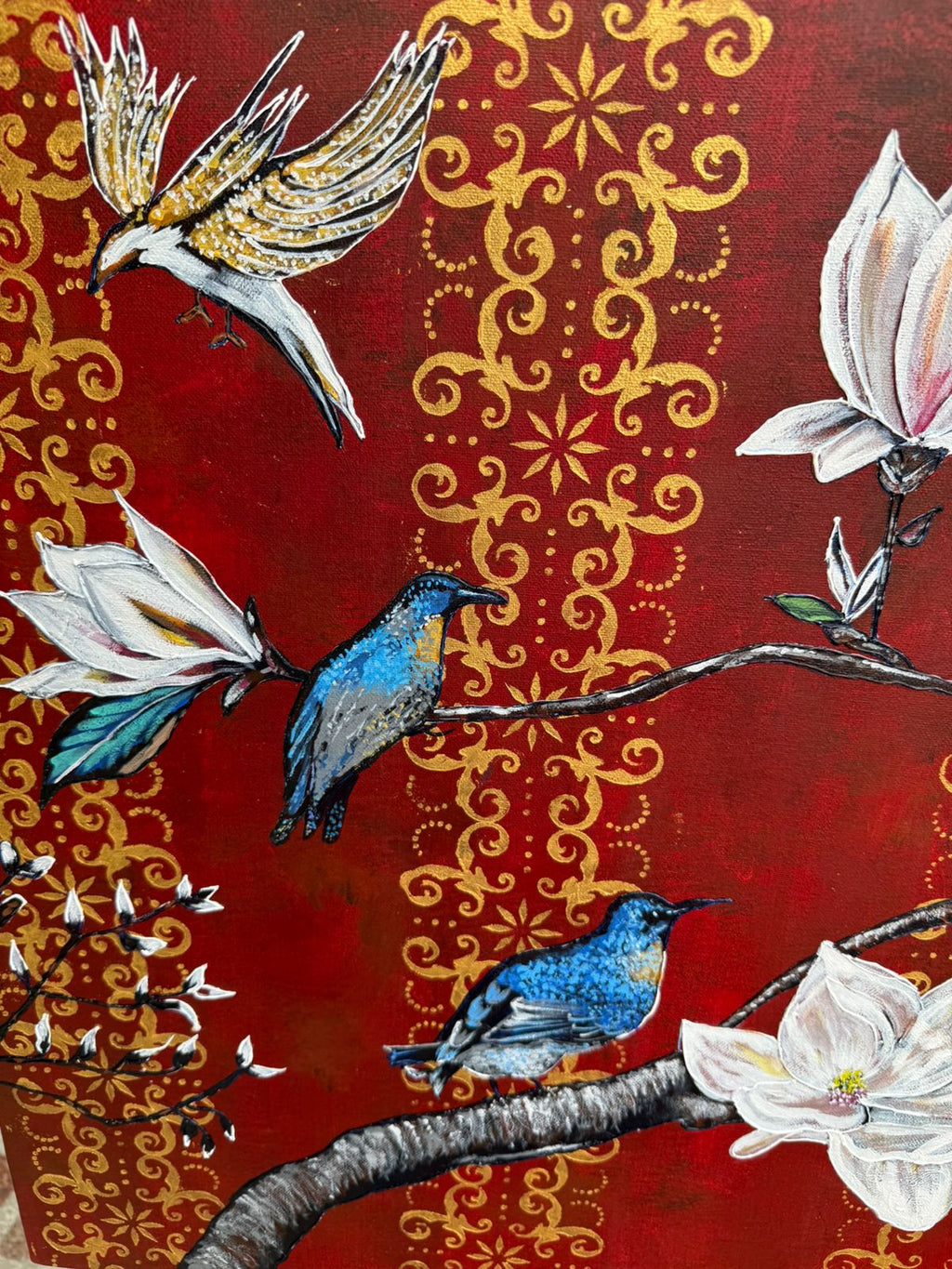 Royal Magnolia Bird Painting, 36*24 stretched canvas, 100% handmade unique painting