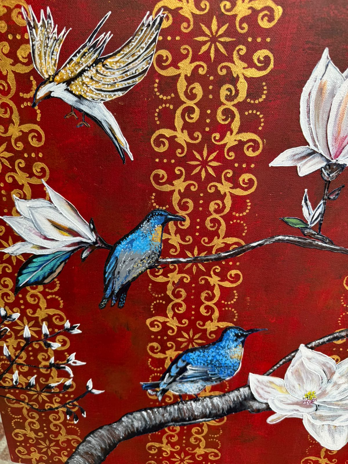 Royal Magnolia Bird Painting, 36*24 stretched canvas, 100% handmade unique painting