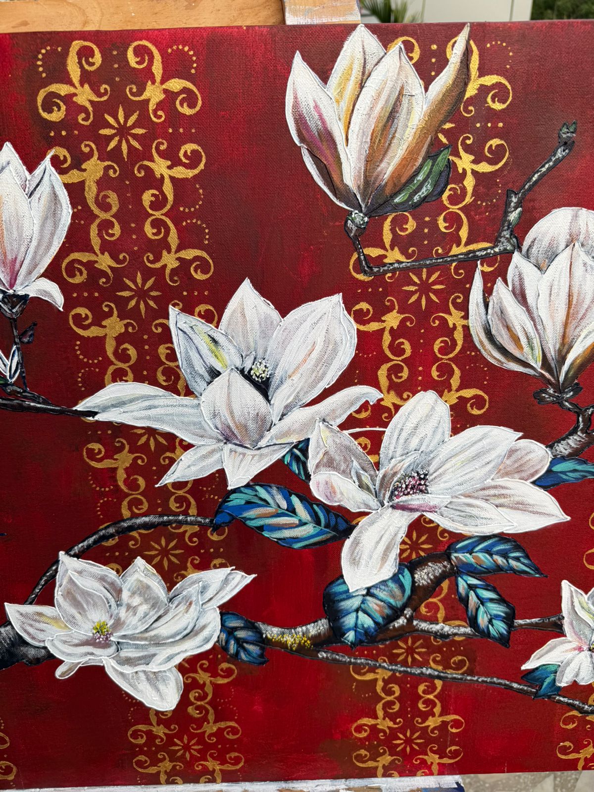 Royal Magnolia Bird Painting, 36*24 stretched canvas, 100% handmade unique painting