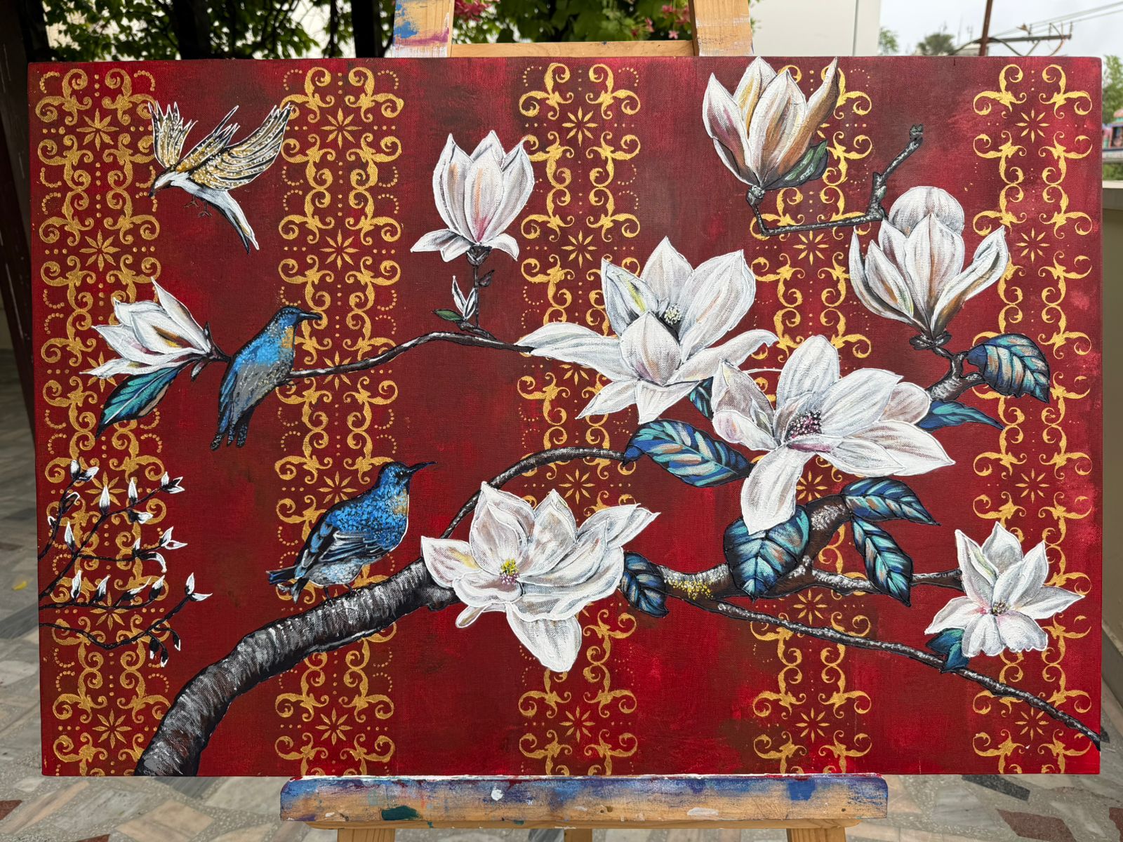 Royal Magnolia Bird Painting, 36*24 stretched canvas, 100% handmade unique painting