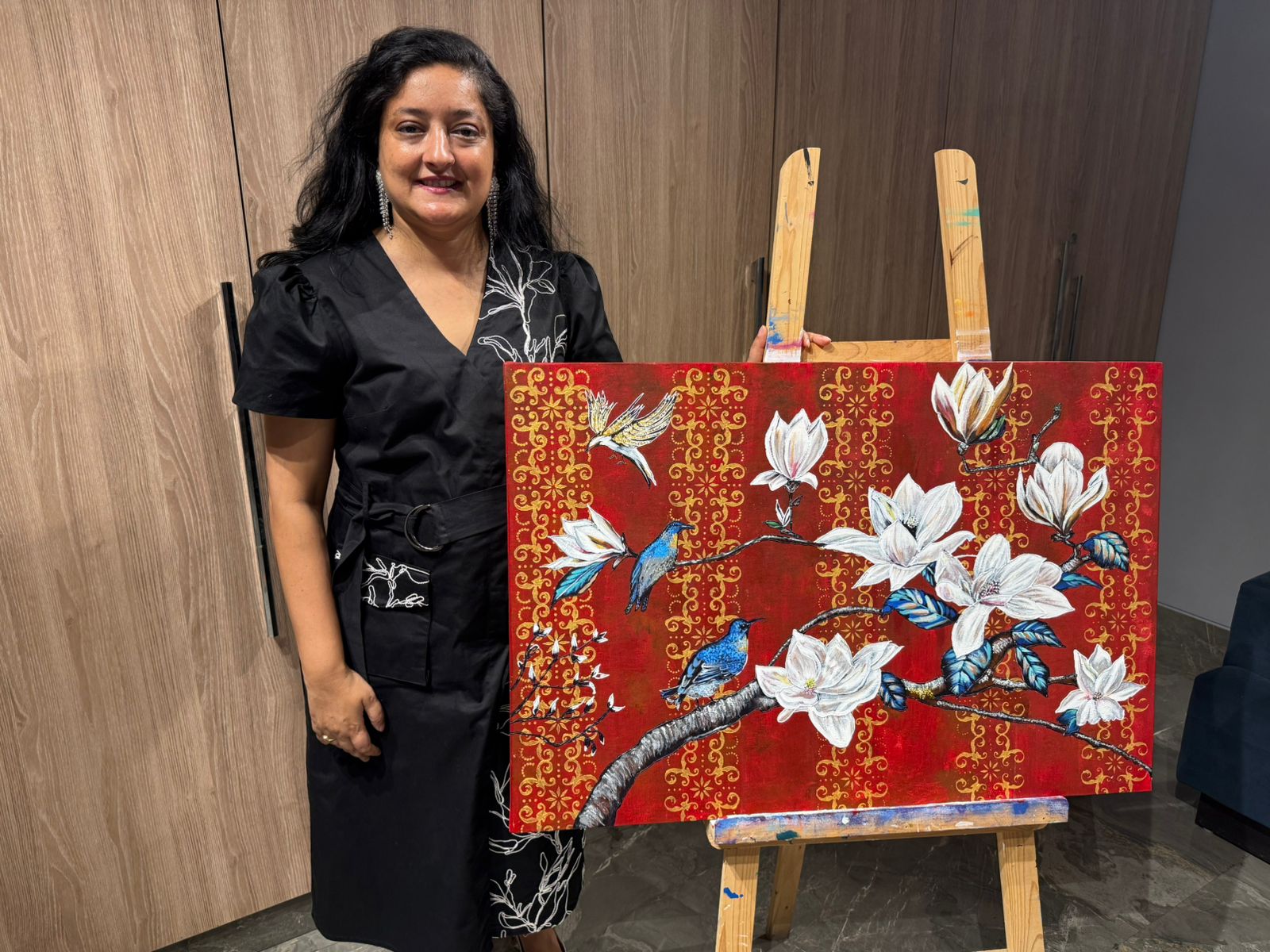 Royal Magnolia Bird Painting, 36*24 stretched canvas, 100% handmade unique painting