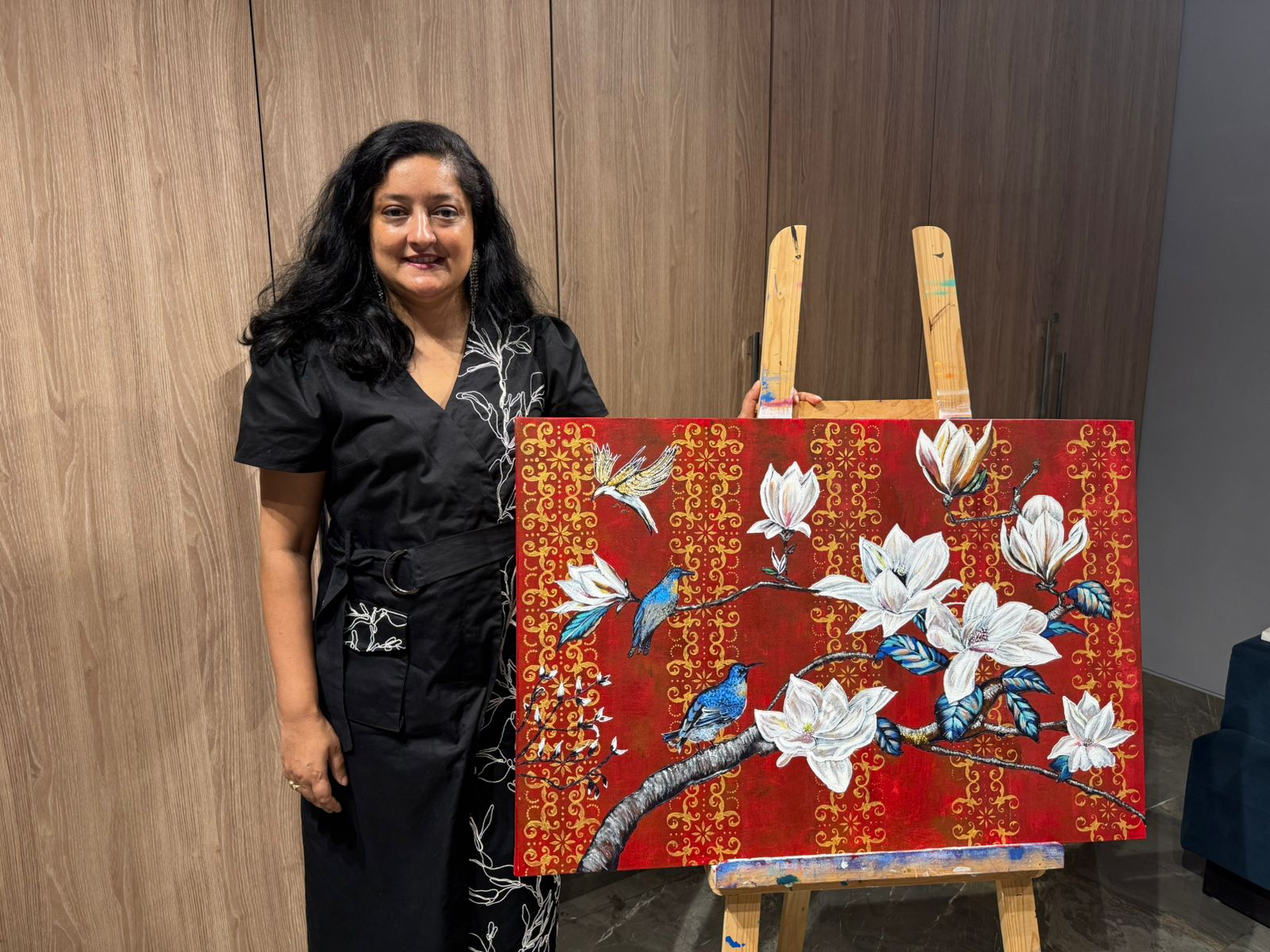 Royal Magnolia Bird Painting, 36*24 stretched canvas, 100% handmade unique painting