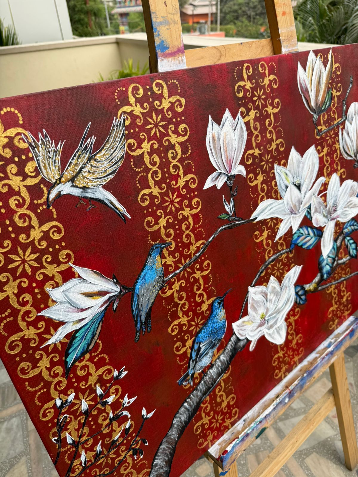 Royal Magnolia Bird Painting, 36*24 stretched canvas, 100% handmade unique painting
