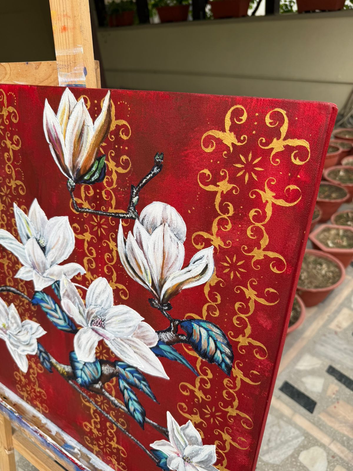 Royal Magnolia Bird Painting, 36*24 stretched canvas, 100% handmade unique painting