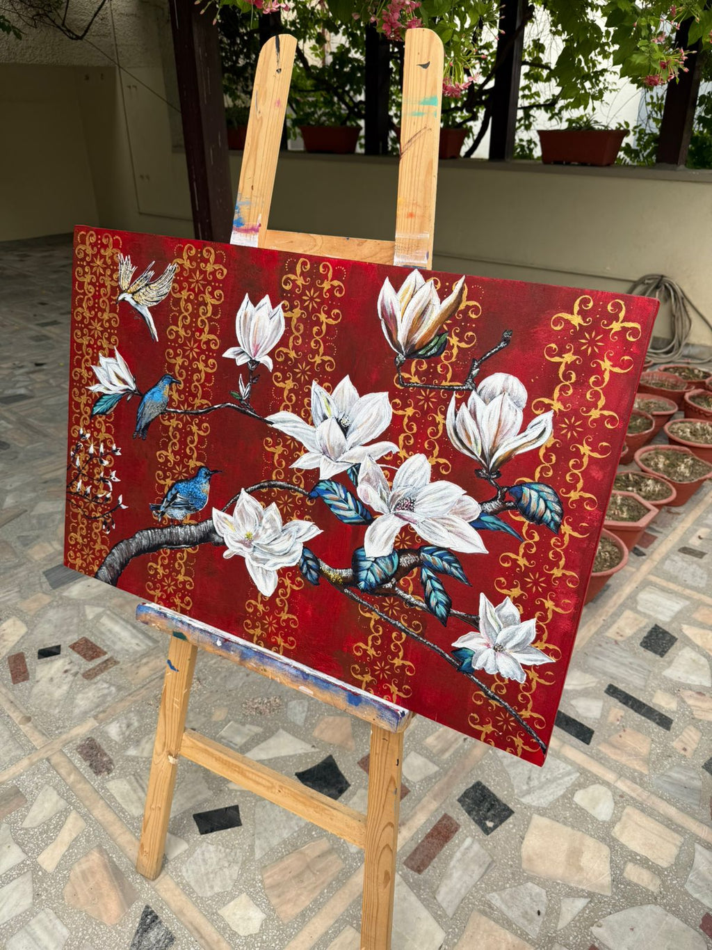Royal Magnolia Bird Painting, 36*24 stretched canvas, 100% handmade unique painting