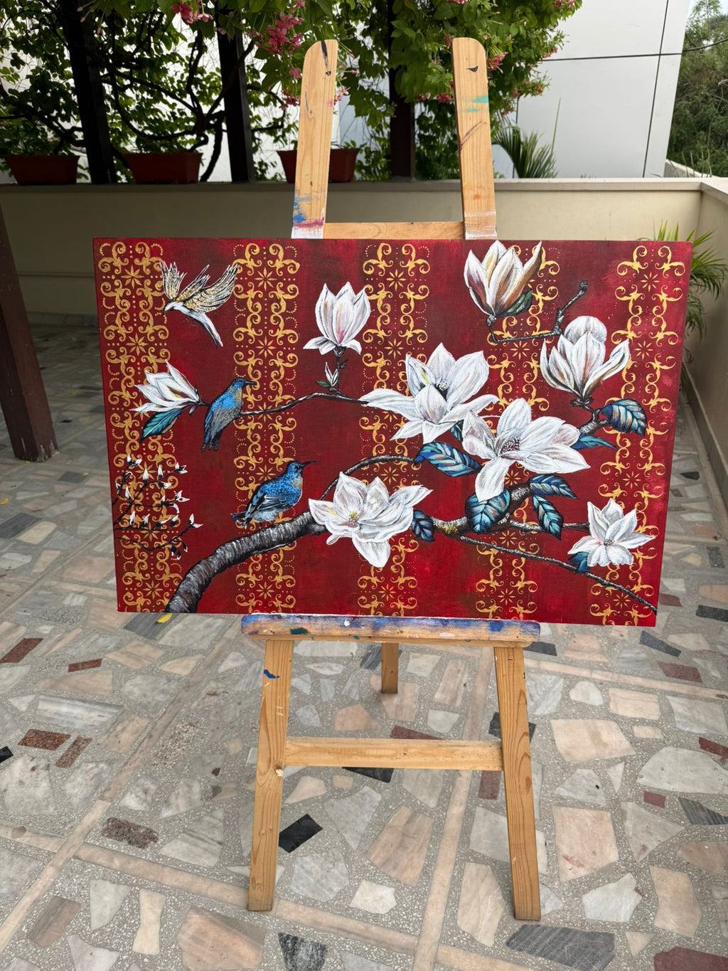 Royal Magnolia Bird Painting, 36*24 stretched canvas, 100% handmade unique painting