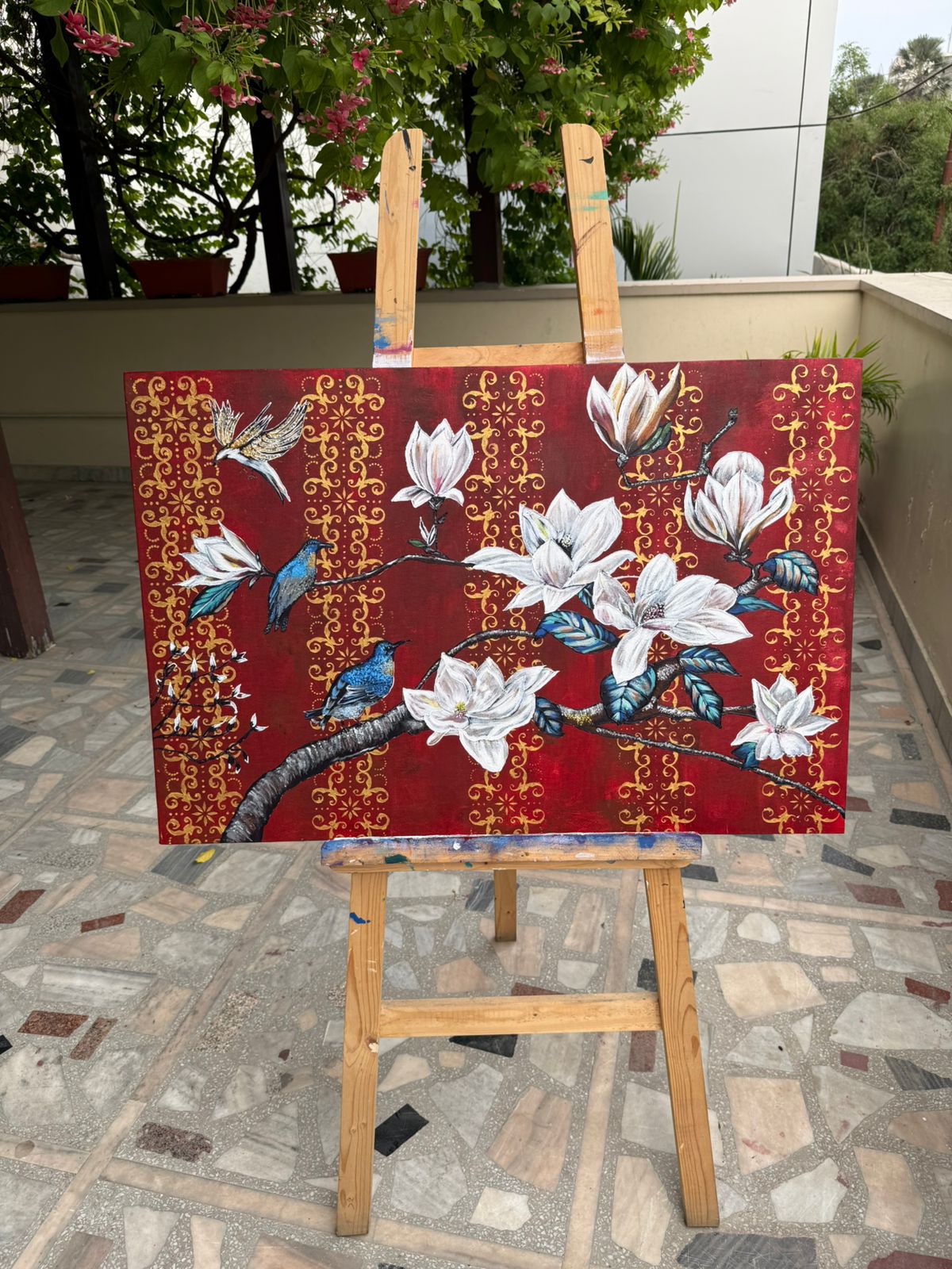 Royal Magnolia Bird Painting, 36*24 stretched canvas, 100% handmade unique painting