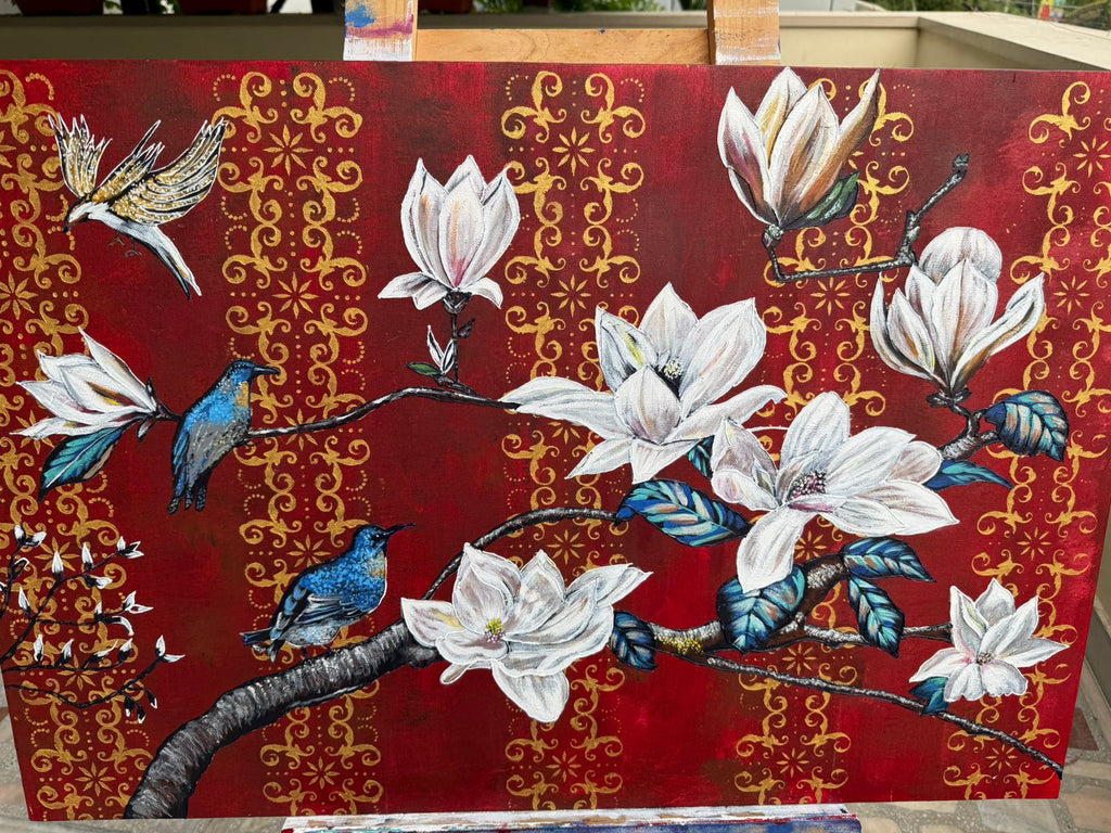 Royal Magnolia Bird Painting, 36*24 stretched canvas, 100% handmade unique painting