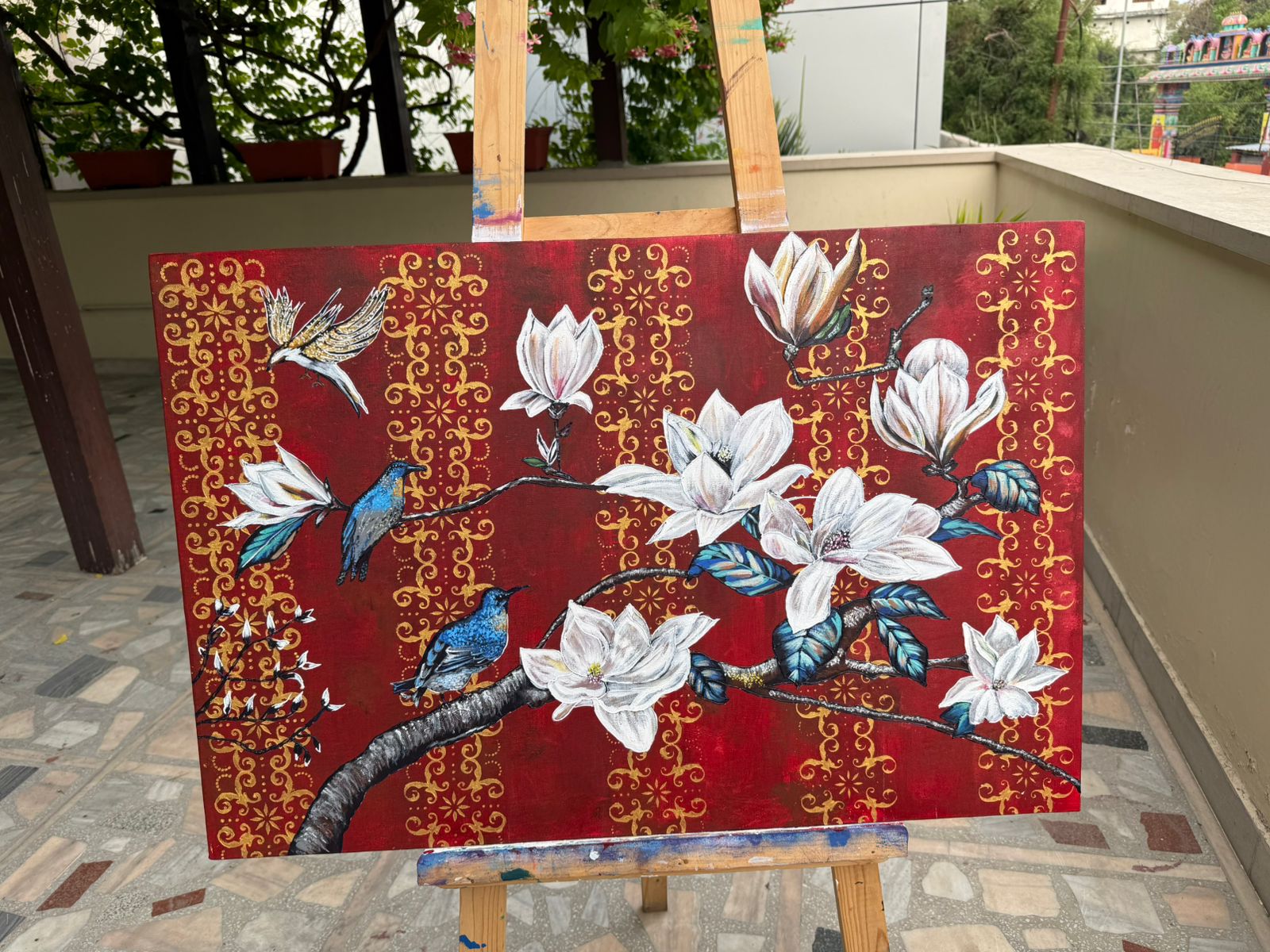 Royal Magnolia Bird Painting, 36*24 stretched canvas, 100% handmade unique painting
