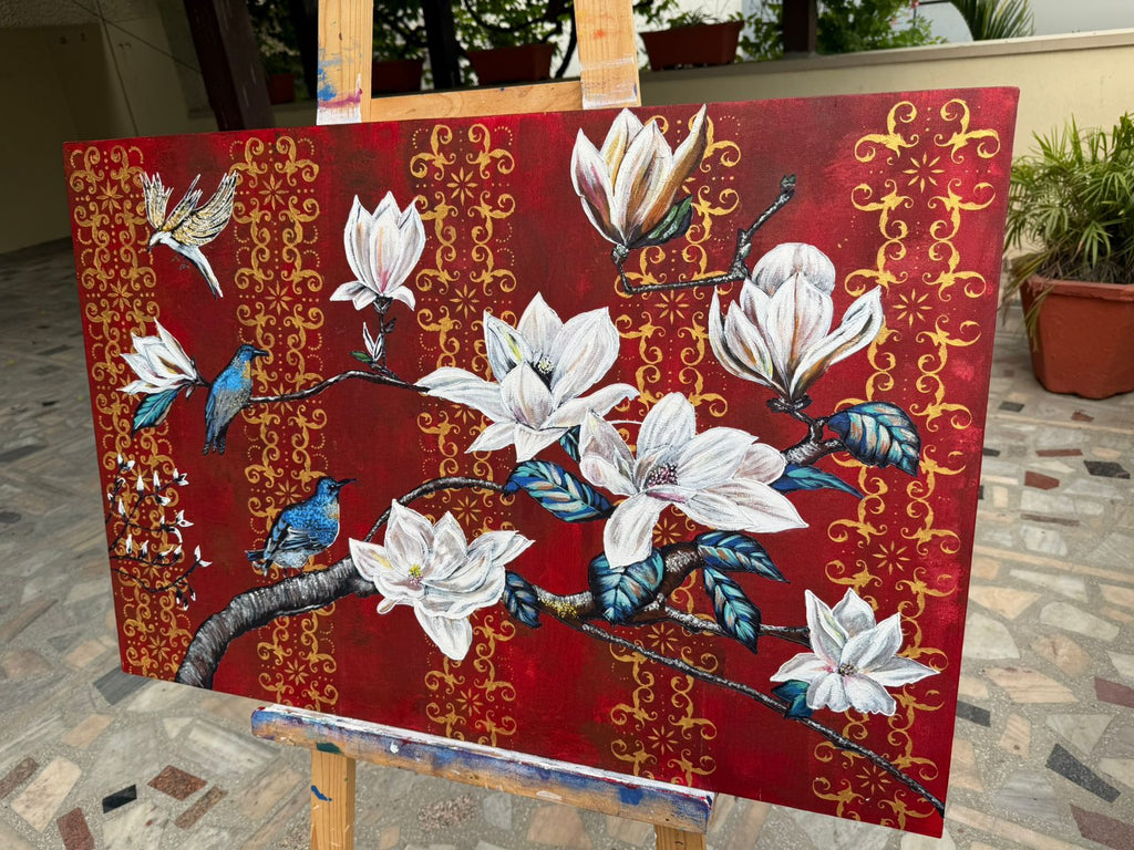 Royal Magnolia Bird Painting, 36*24 stretched canvas, 100% handmade unique painting