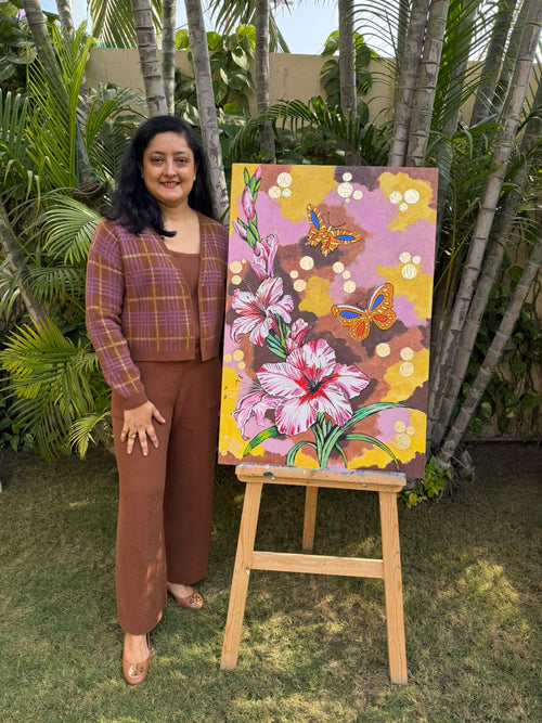 Floral Butterfly painting, Gold foil, Mixed Media on Canvas,36*24