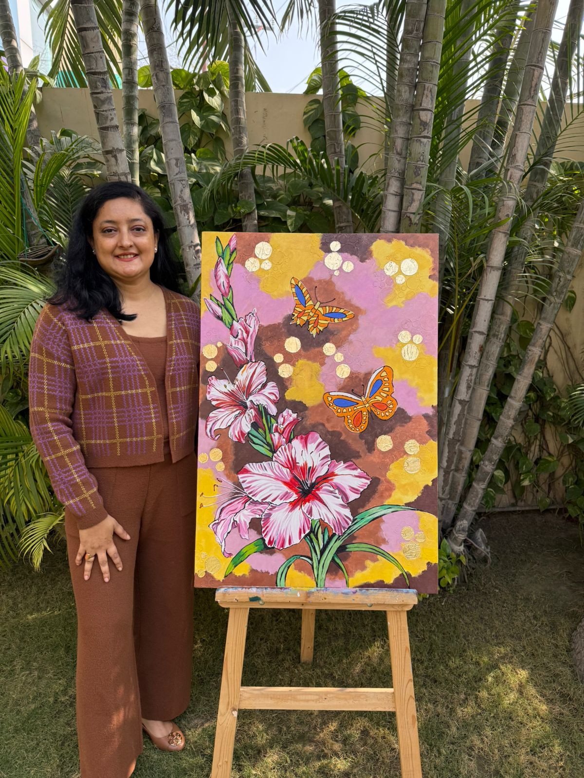 Floral Butterfly painting, Gold foil, Mixed Media on Canvas,36*24